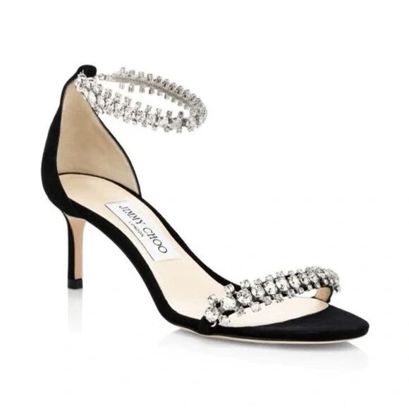 Jimmy Choo Shiloh Embellished Black Suede Crystal Studded Heeled Sandals EU 37.5 - Picture 1 of 10